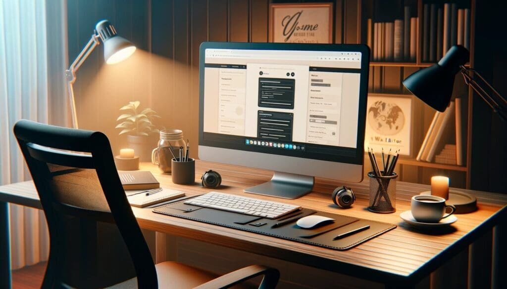 UBEEZ- An image depicting the workspace of a web editor, featuring a modern, well-lit desk with a computer displaying Gutenberg 6.4.1 interface. The desk sho