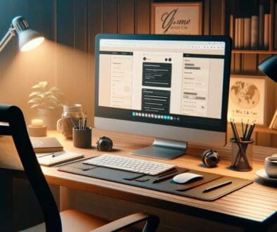 UBEEZ- An image depicting the workspace of a web editor, featuring a modern, well-lit desk with a computer displaying Gutenberg 6.4.1 interface. The desk sho