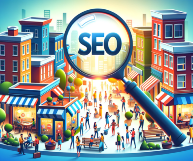 UBEEZ - An image representing the concept of local SEO for a small business, featuring a bustling local street with diverse small shops and a giant magnifying