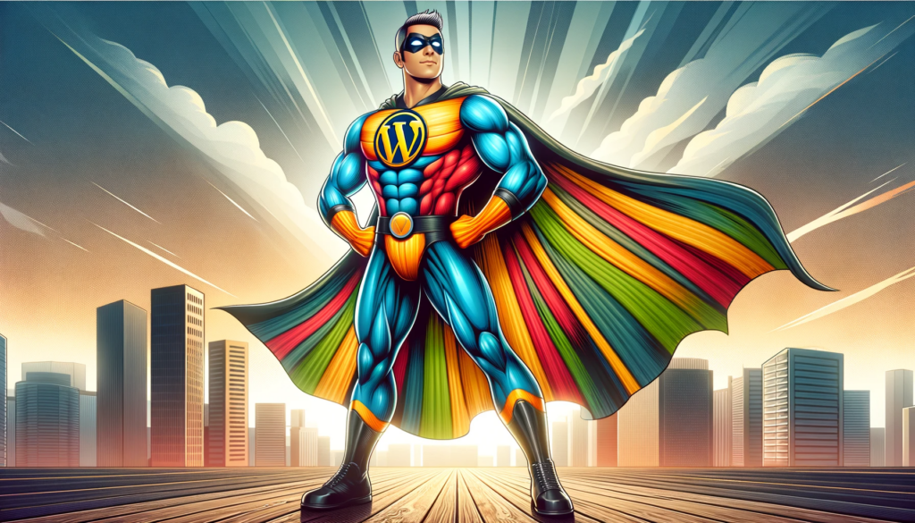 UBEEZ - an original superhero with a unique costume, standing confidently in a cityscape. The superhero has a dynamic and muscular physique, wearing a bright